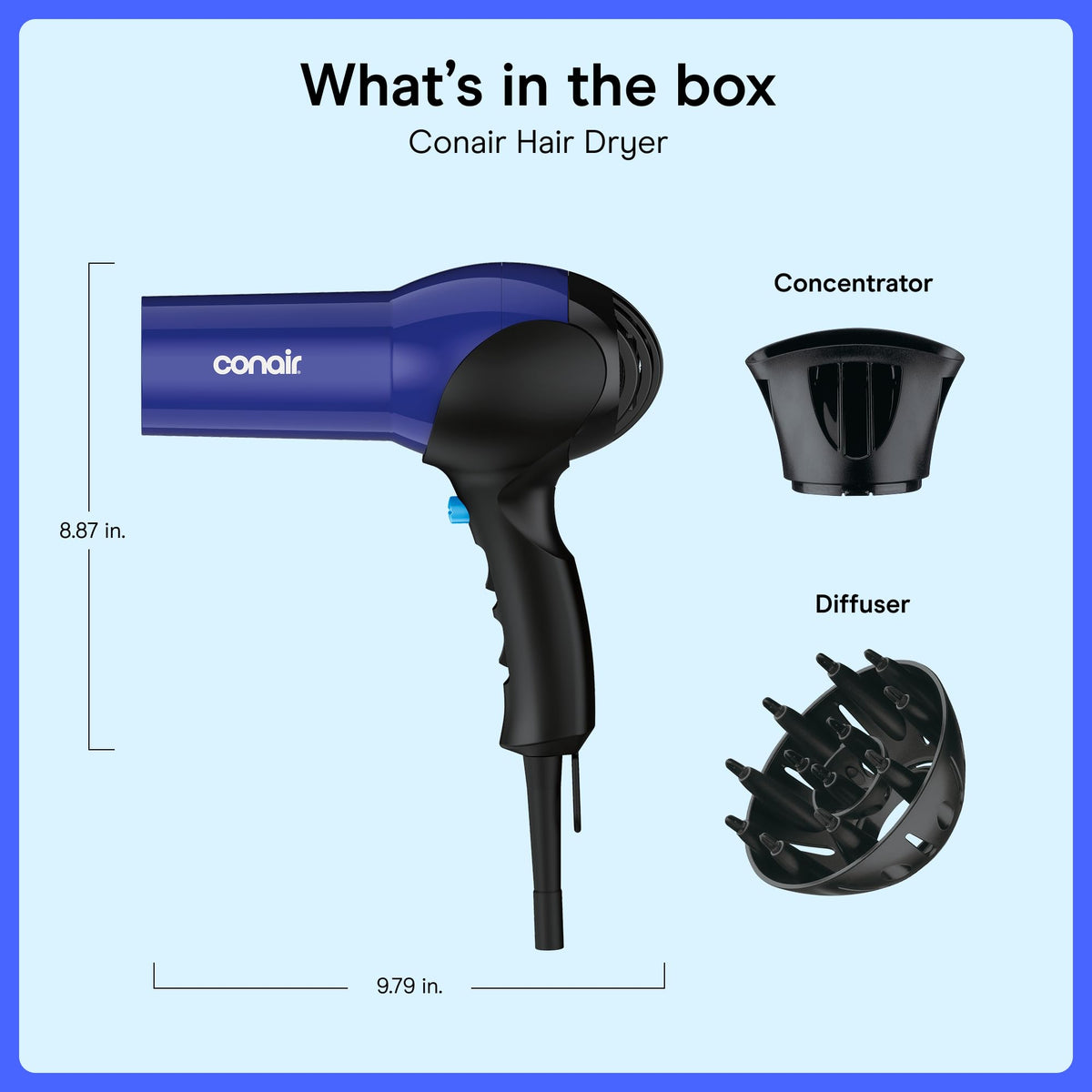Lightweight 1875W Hair Dryer with Diffuser & Concentrator Attachments W661