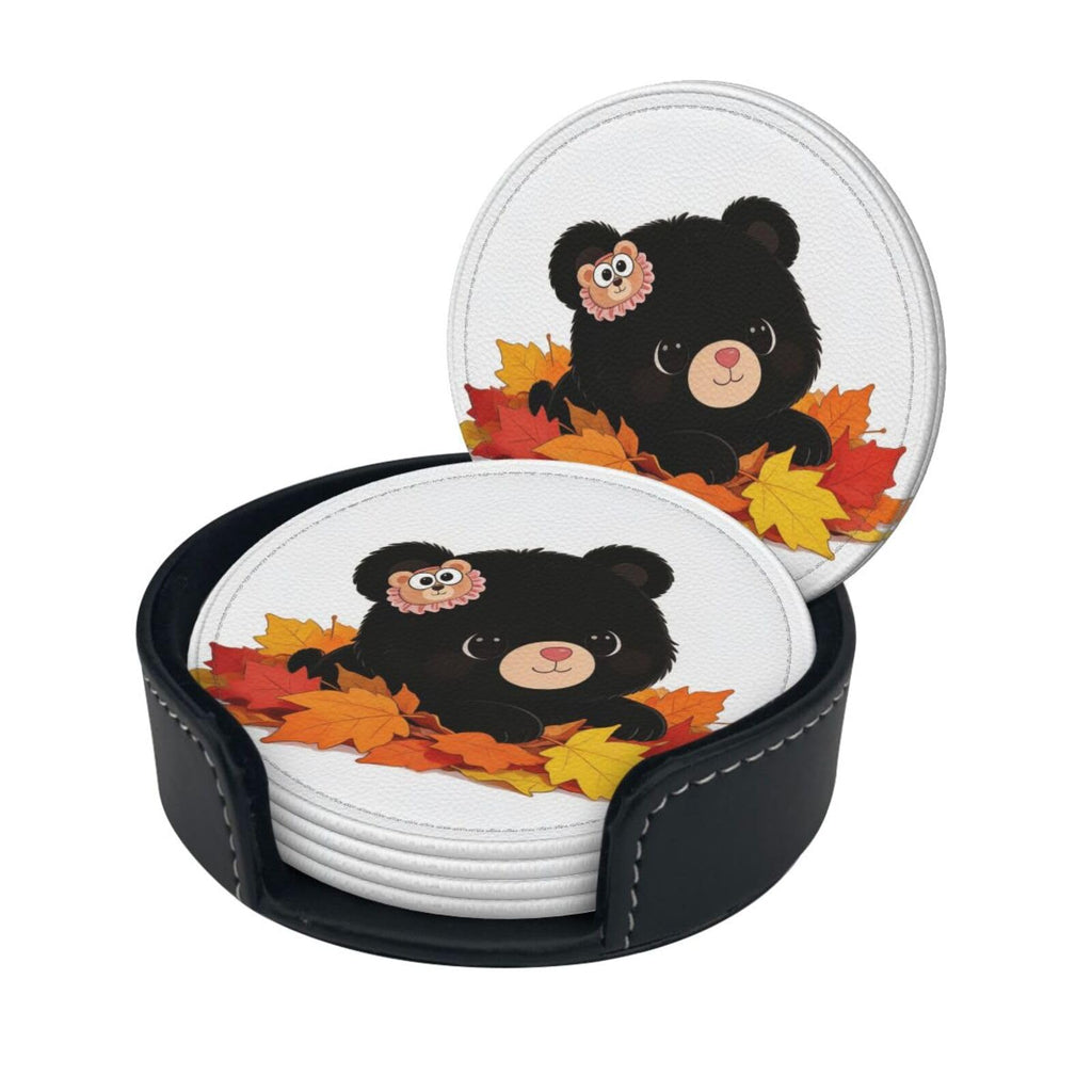 Black Bear Leather Coasters Set of 6 with Holder Q385676