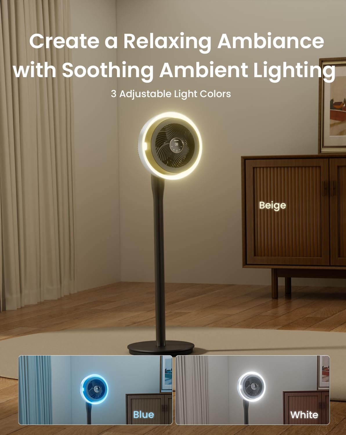 Standing Fan with Light, Digital Display, Adjustable Height, Remote, DarkGrey O643