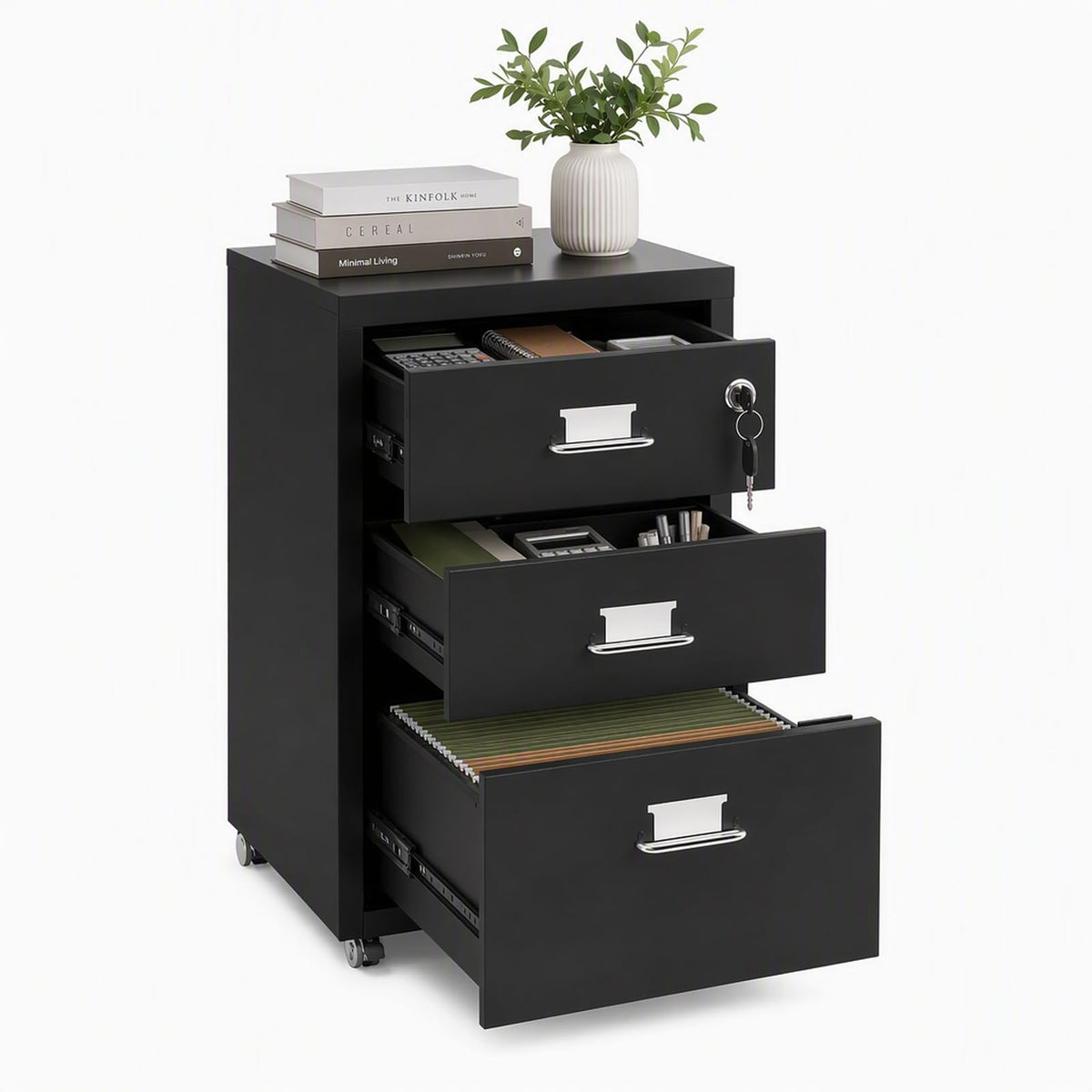 Black 3-Drawer Metal File Cabinet U198