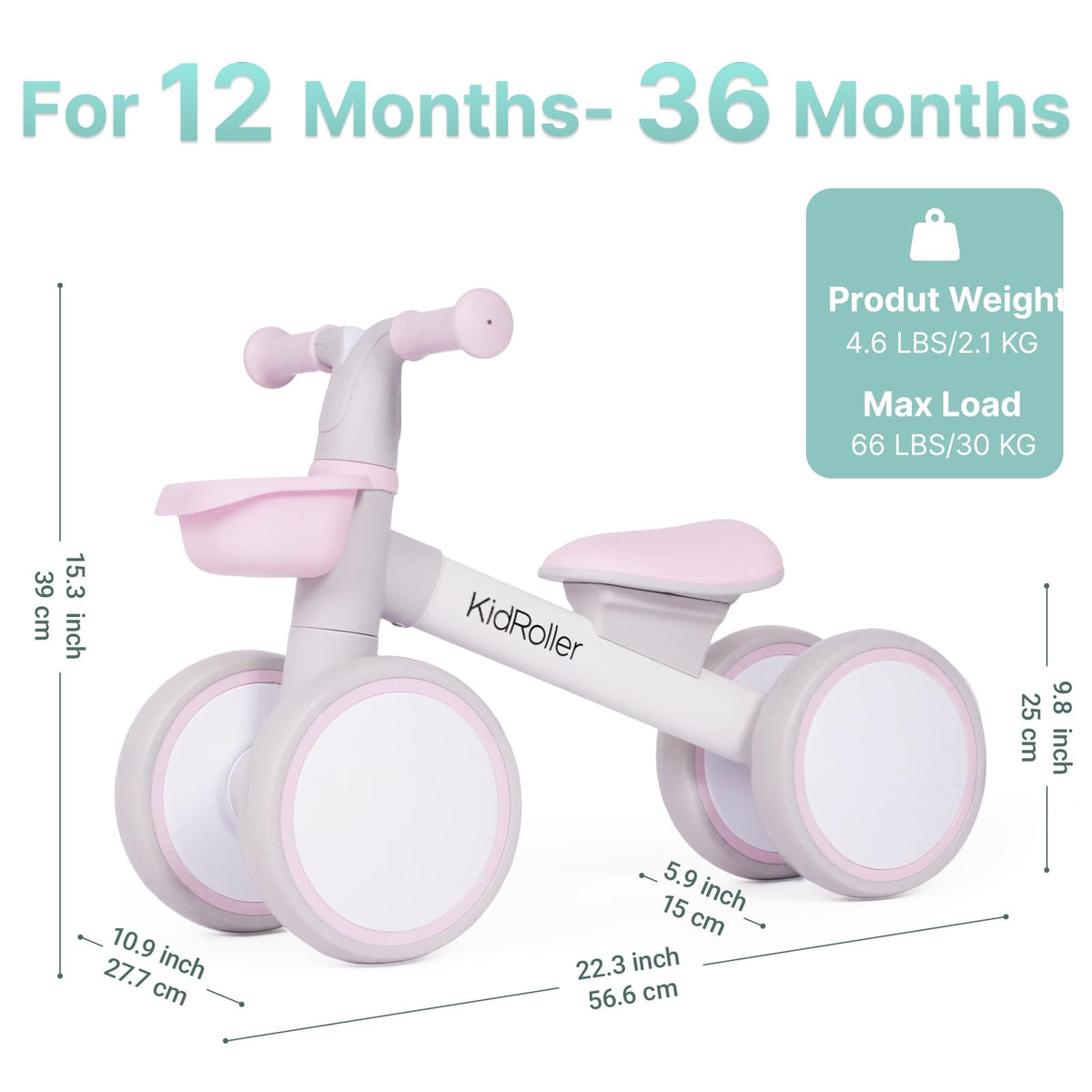 Pink Toddler Balance Bike with Adjustable Seat and Front Basket W743