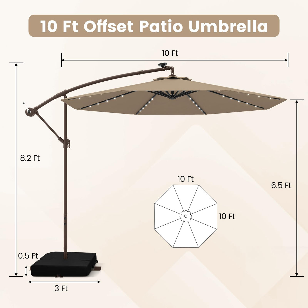 10FT Offset Patio Umbrella with Base and 40 Solar LED Lights M917810