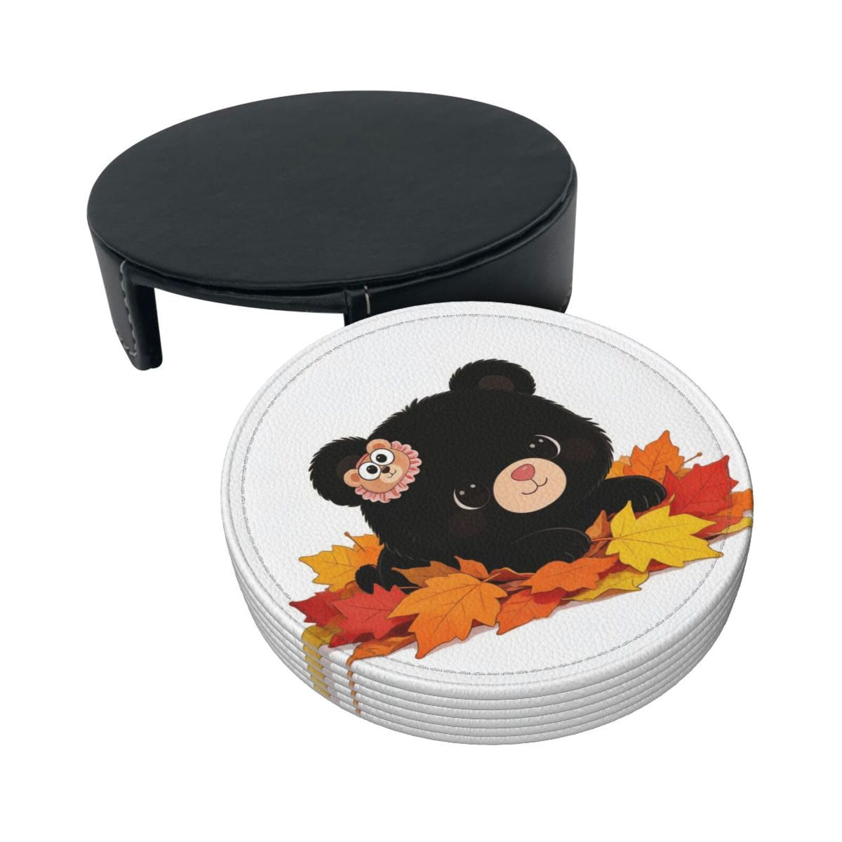 Black Bear Leather Coasters Set of 6 with Holder Q385676