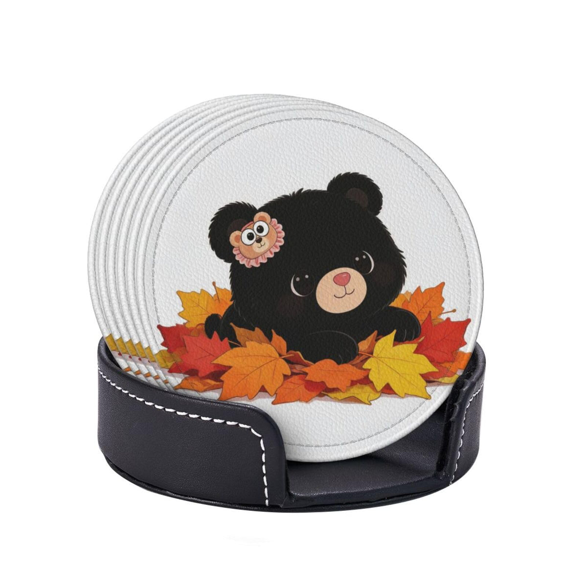 Black Bear Leather Coasters Set of 6 with Holder Q385676