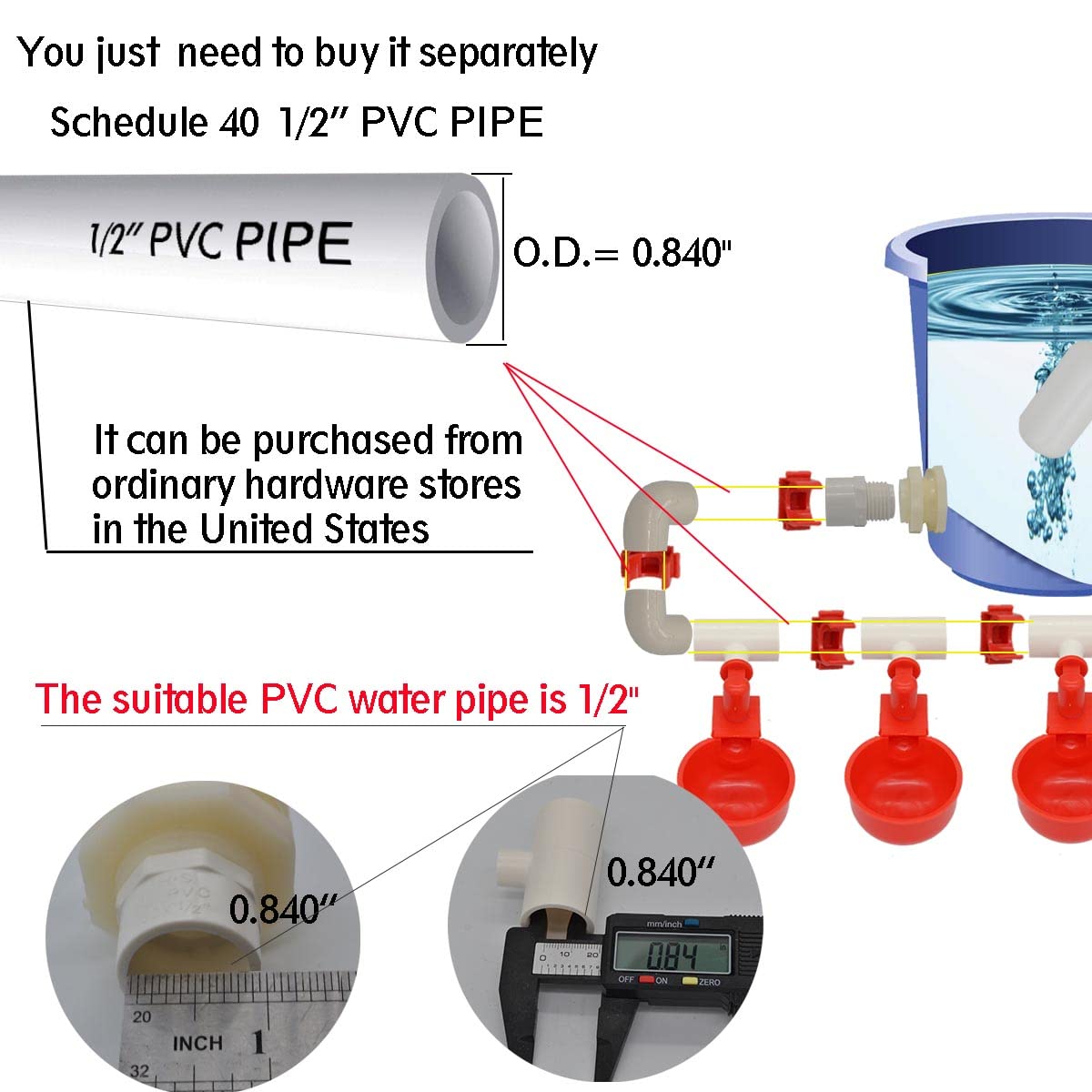 Automatic Chicken Nipple Waterer Cups and PVC Tee Fittings X3904