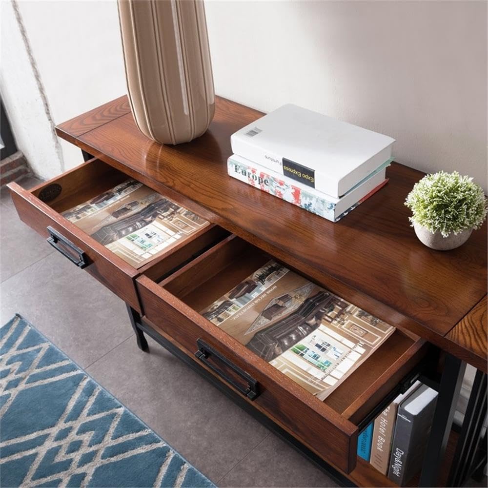 Industrial Wood Console Table with 2 Drawers and Storage Shelf B196
