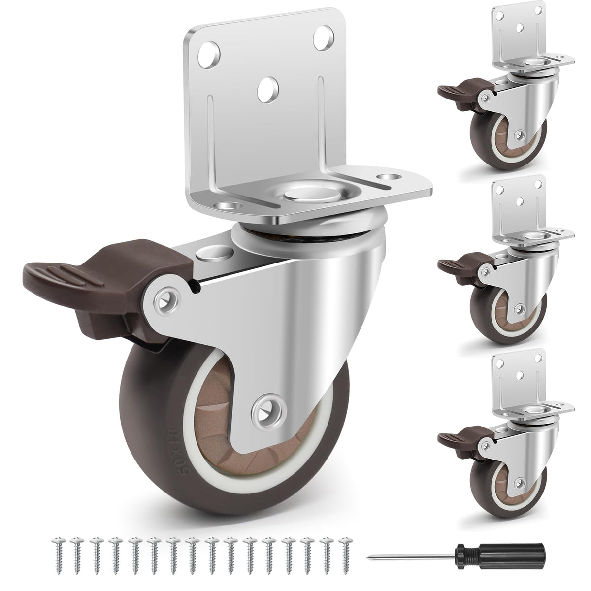 2 Inch L-Shaped Rubber Casters Set of 4 with Brakes H257919