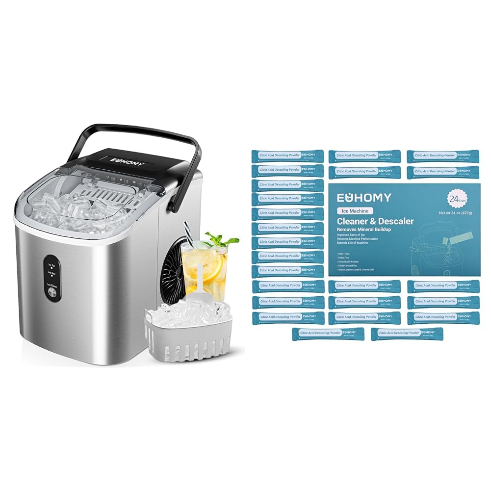 Countertop Ice Maker Machine with Handle, 26.3lbs Per Day, 9 Cubes in 6 Mins + Ice Maker Cleaner & Descaler P22099