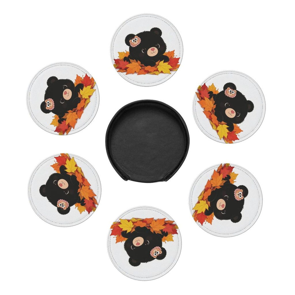 Black Bear Leather Coasters Set of 6 with Holder Q385676