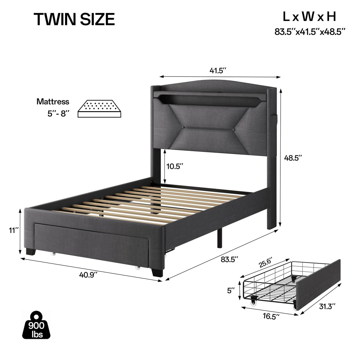 Twin Size Upholstered Bed Frame with Storage Headboard and Drawers D49587