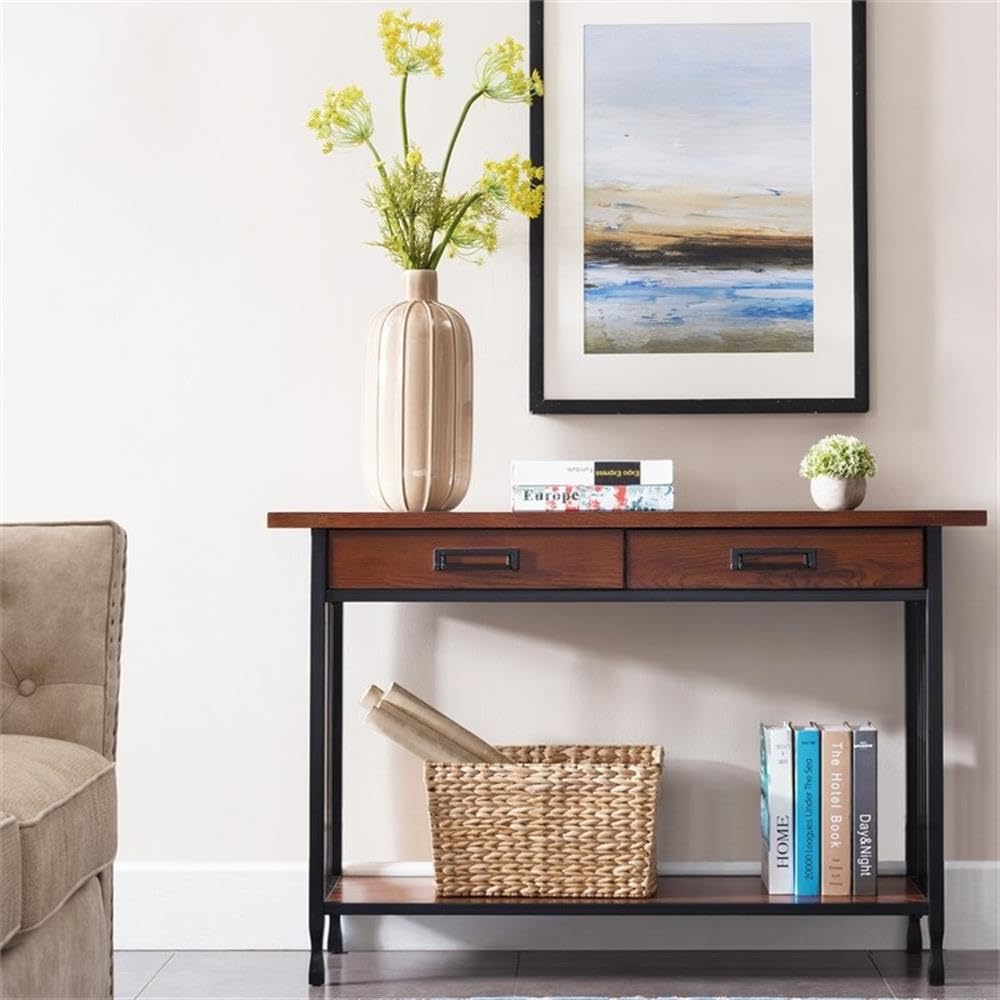 Industrial Wood Console Table with 2 Drawers and Storage Shelf B196