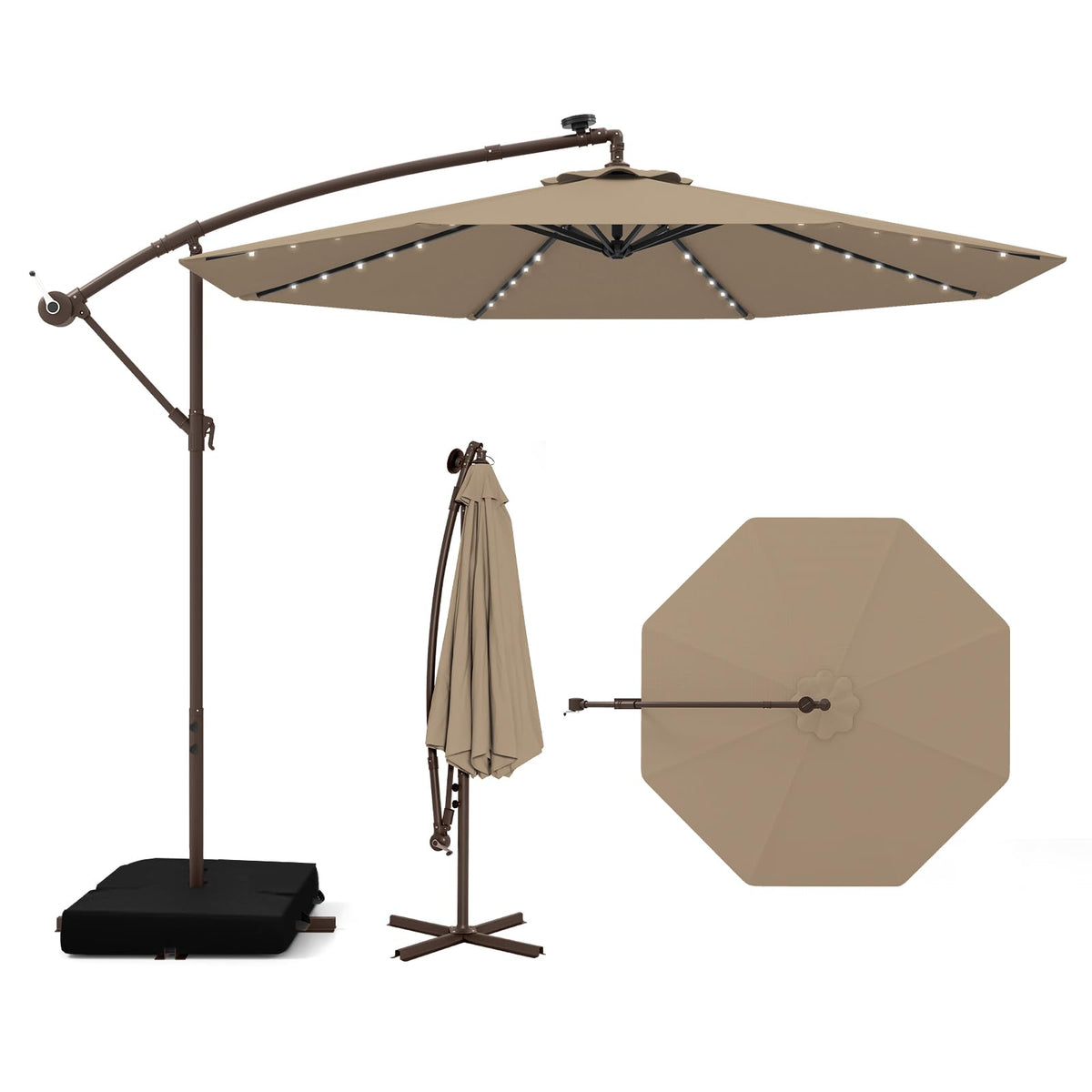 10FT Offset Patio Umbrella with Base and 40 Solar LED Lights M917810