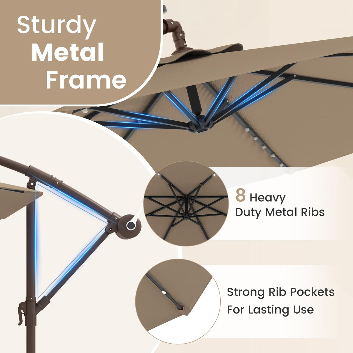 10FT Offset Patio Umbrella with Base and 40 Solar LED Lights M917810
