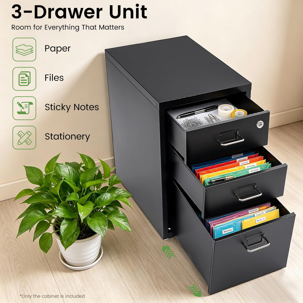 Black 3-Drawer Metal File Cabinet U198