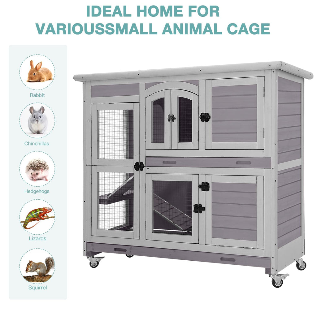 2-Tier Wooden Small Animal Cage with Trays, Wheels & Ramp M352