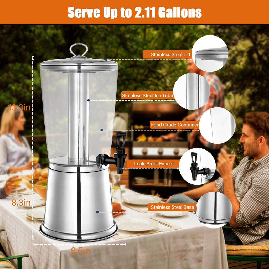 2 Gallons Stainless Steel Beverage Dispenser with Stand and Spigot A18888