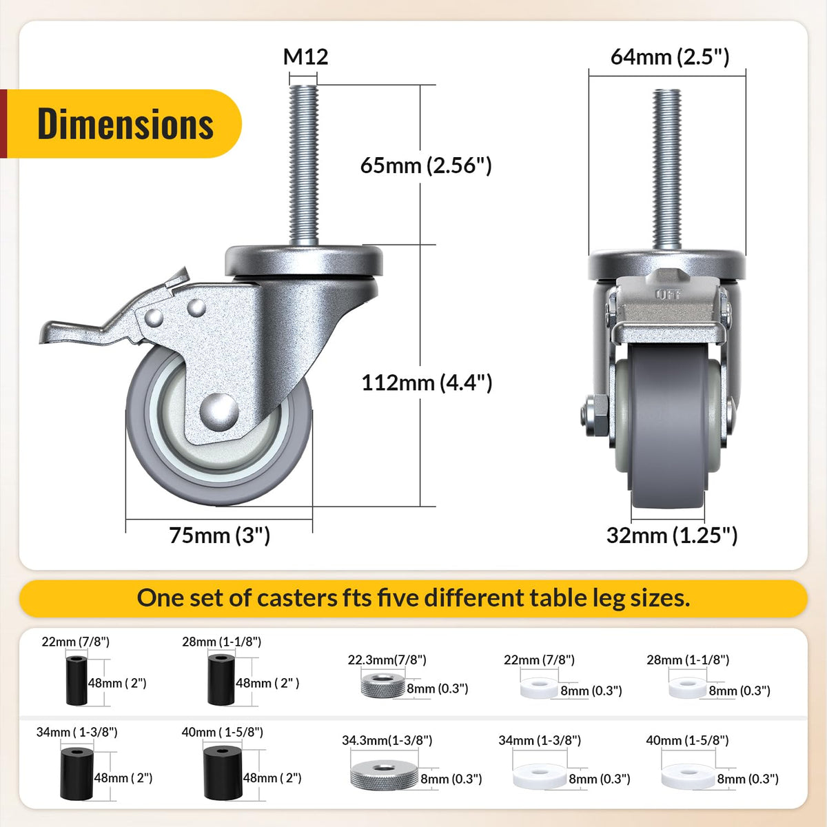 3 Inch Expanding Stem Locking Swivel Casters Set of 4 J618