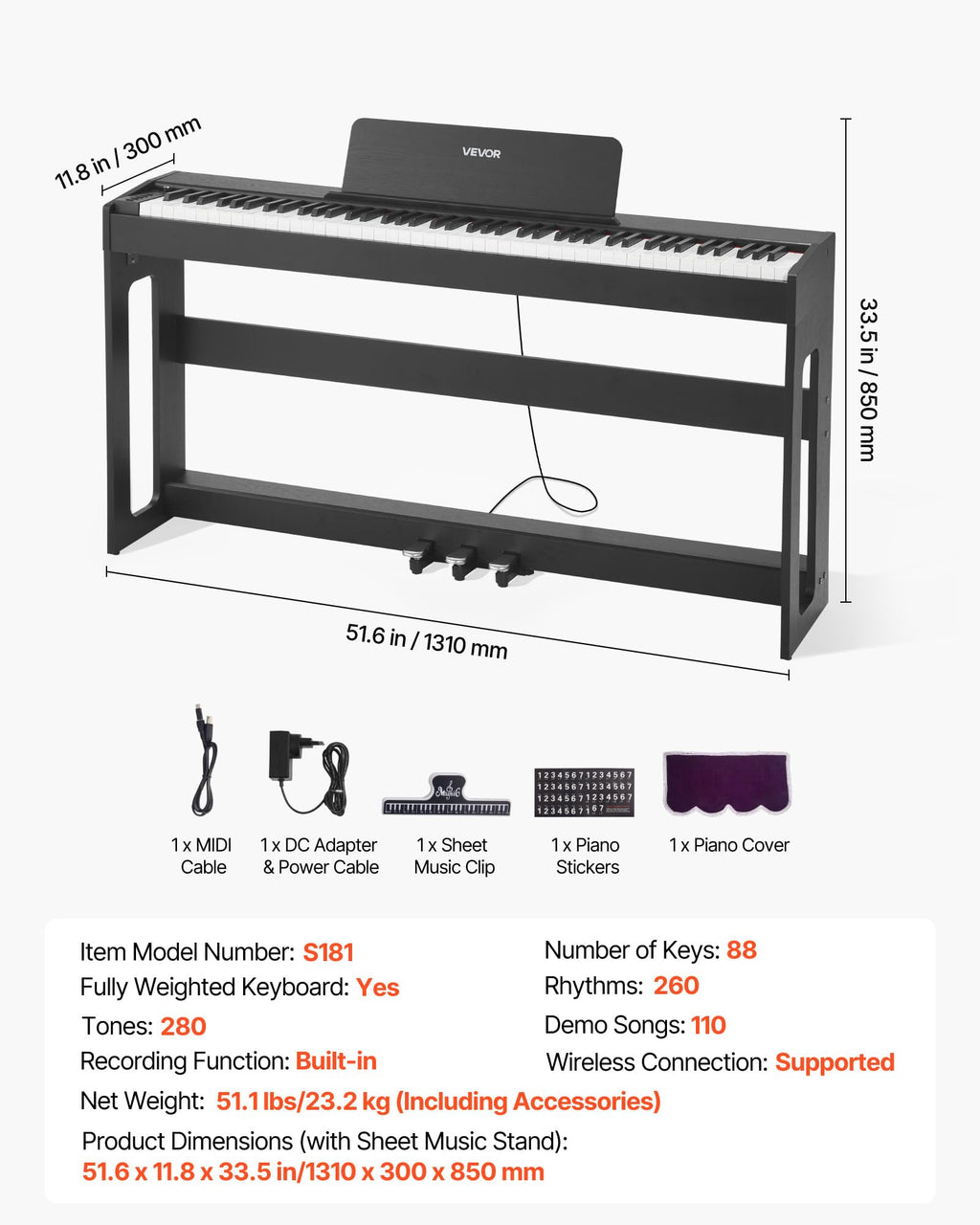 88 Keys Weighted Digital Piano with Furniture Stand and Triple Pedal, Black O9655