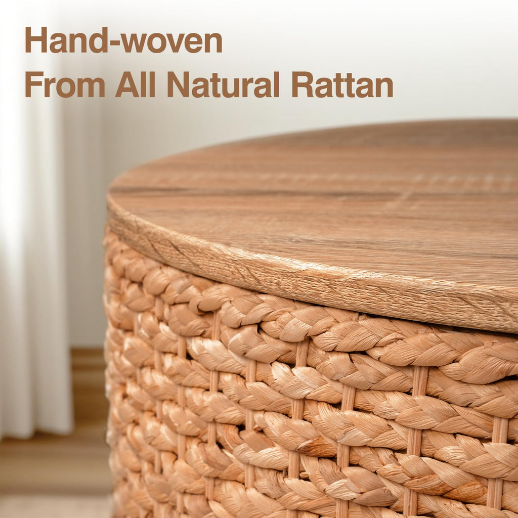 Round Nesting Coffee Table Set of 2 with Storage Wicker Rattan Wood Frame H347