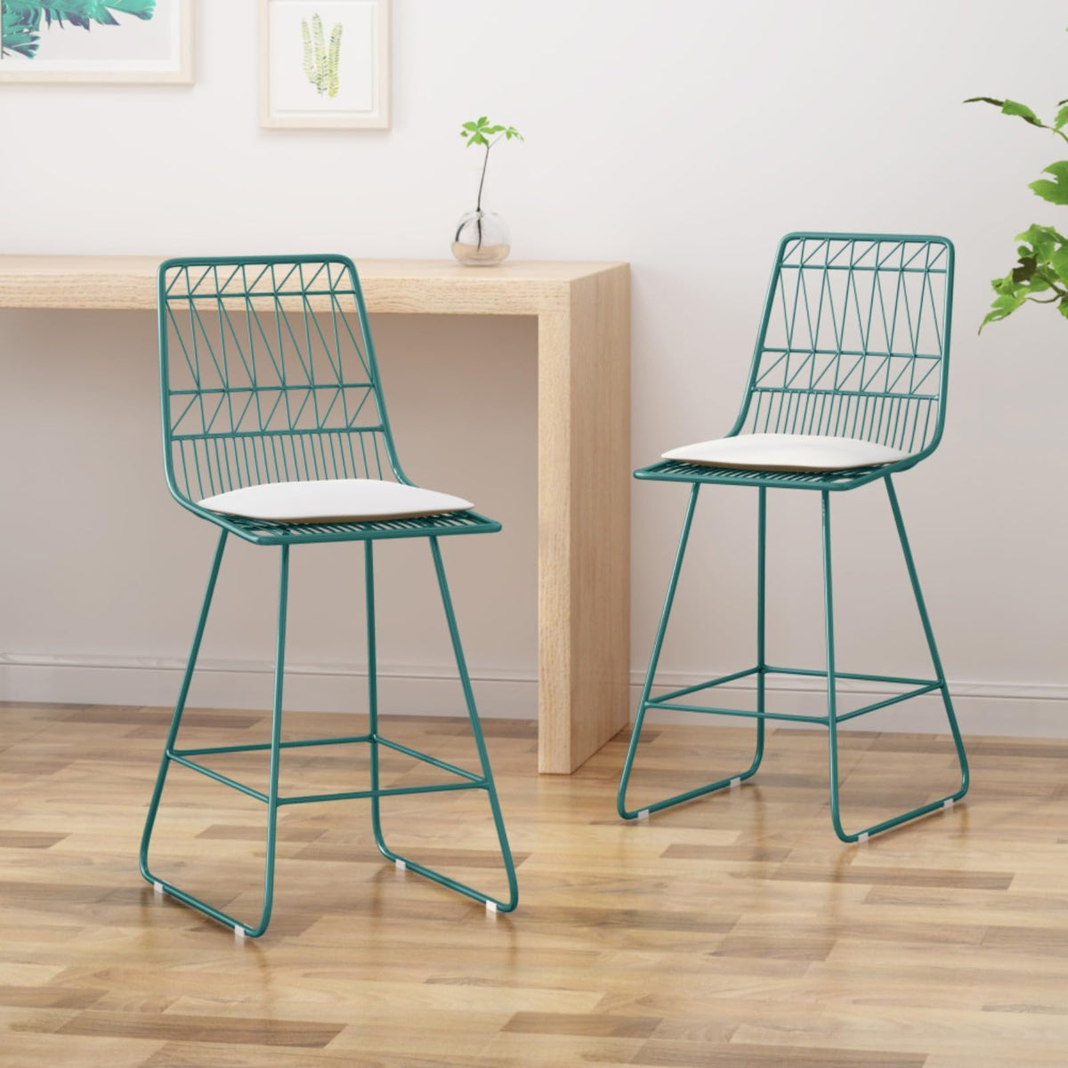 Teal Iron Patio Bar Stools with Cushion, Set of 2 G342