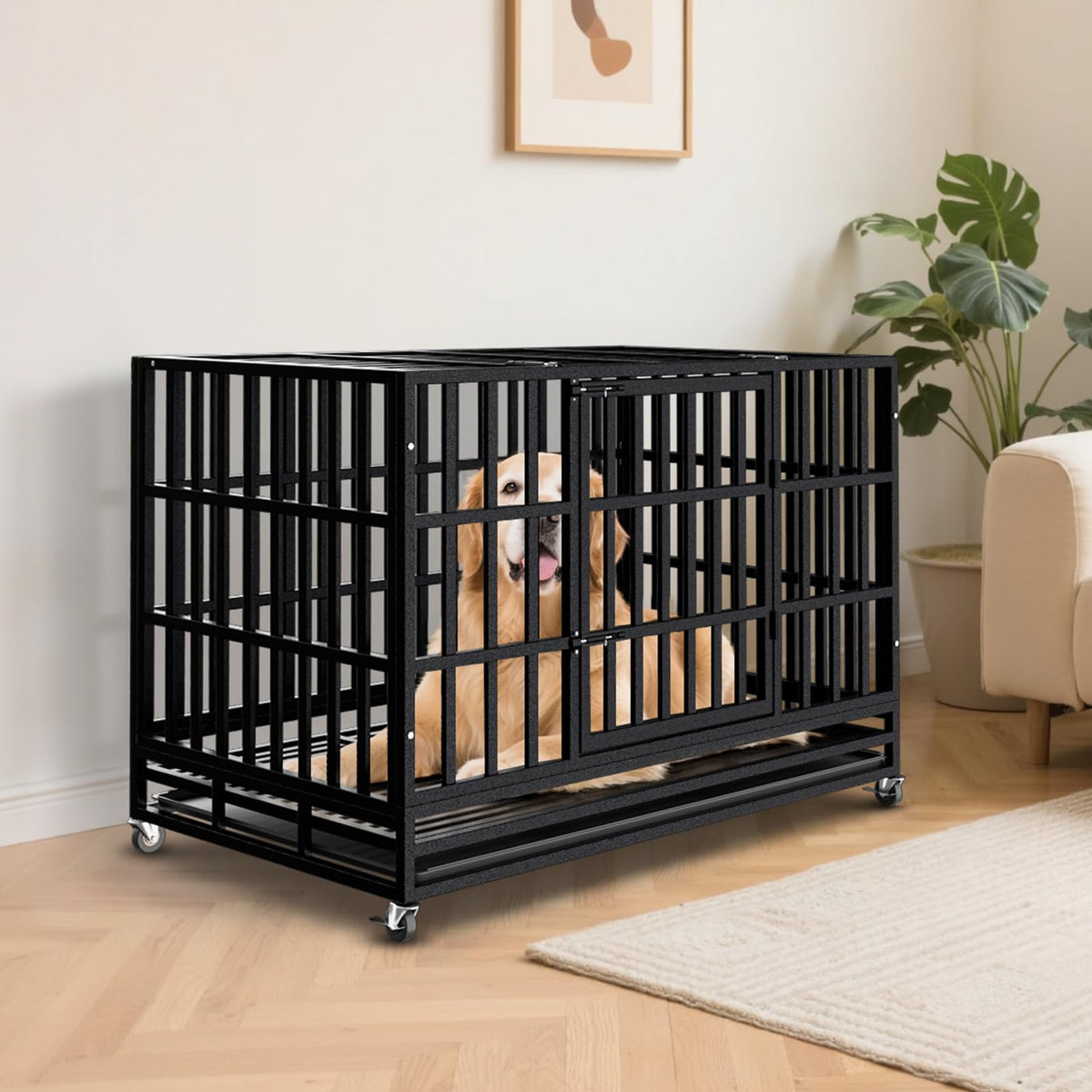 48 Inch Heavy Duty Dog Crate Kennel with Wheels X353739