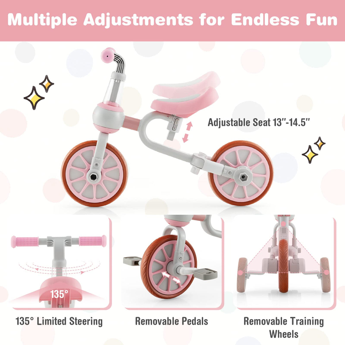 4 in 1 Tricycle with Adjustable Seat & Push Handle, Removable Pedals & Training Wheels, Pink K721