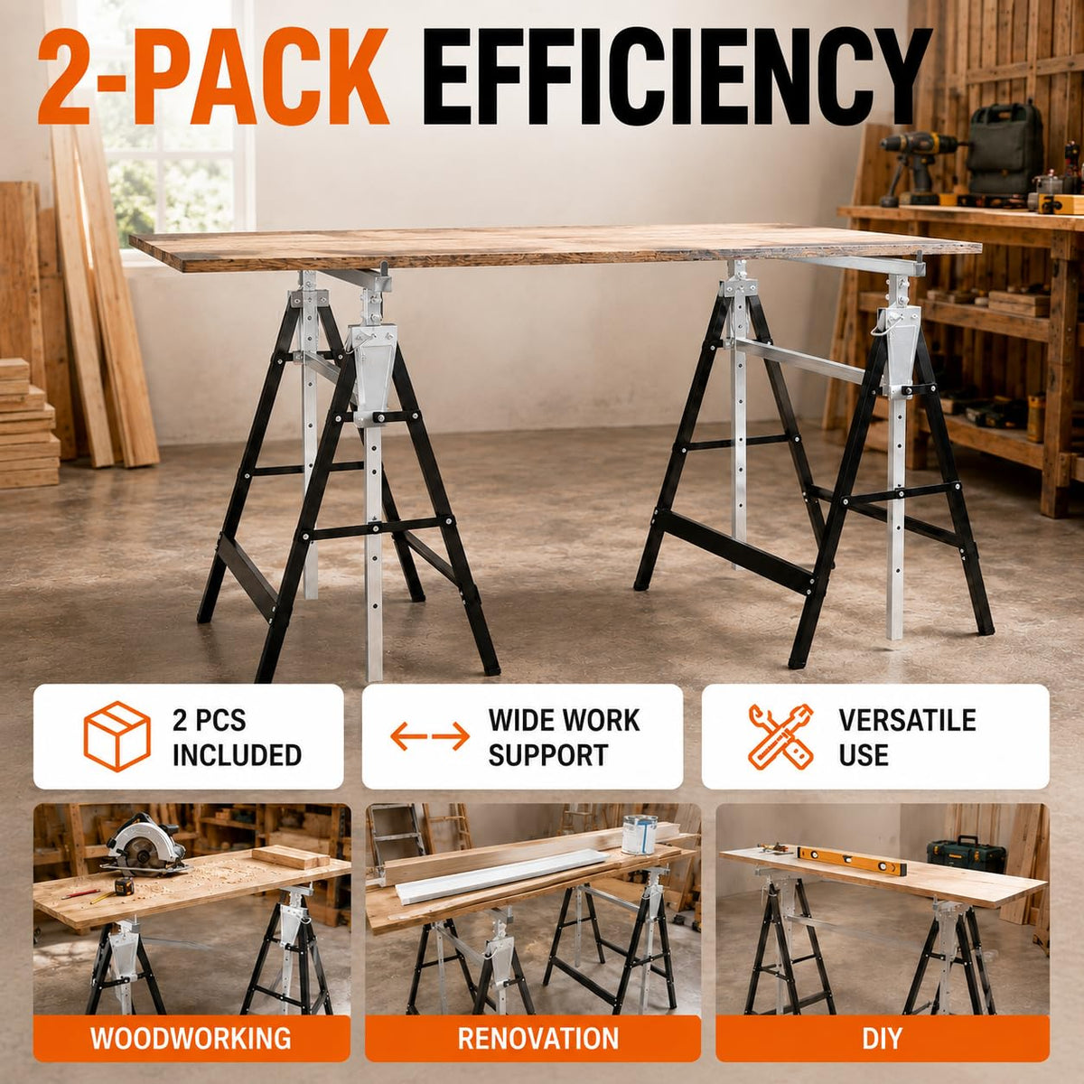 2 Pack Height Adjustable Folding Saw Horses D1924