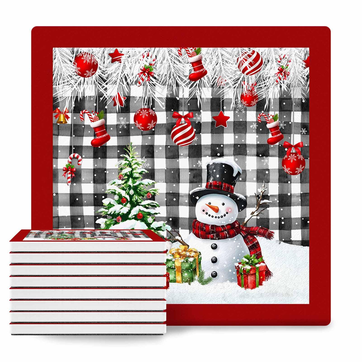 Ceramic Stone Coasters Set of 8 Black White Plaid Absorbent Non Slip V687563