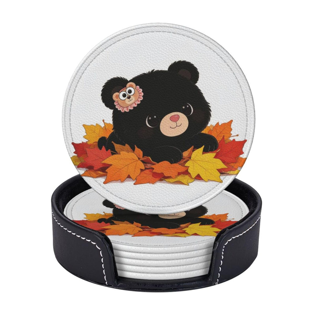 Black Bear Leather Coasters Set of 6 with Holder Q385676
