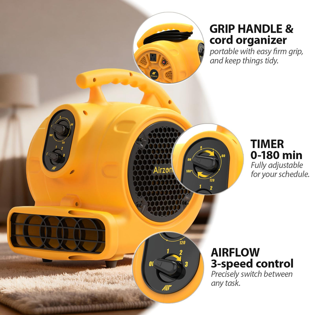 1100 CFM 3-Speed Industrial Air Mover Floor Blower Fan B1016