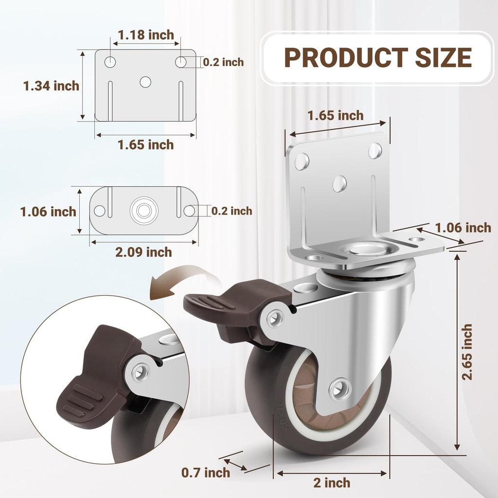 2 Inch L-Shaped Rubber Casters Set of 4 with Brakes H257919