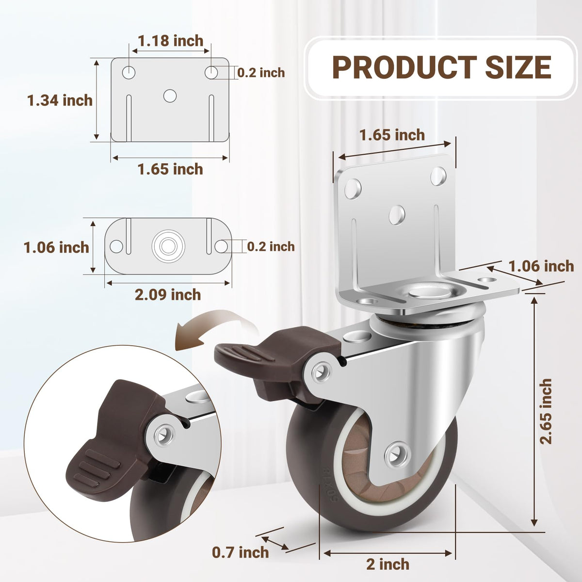 2 Inch L-Shaped Rubber Casters Set of 4 with Brakes H257919