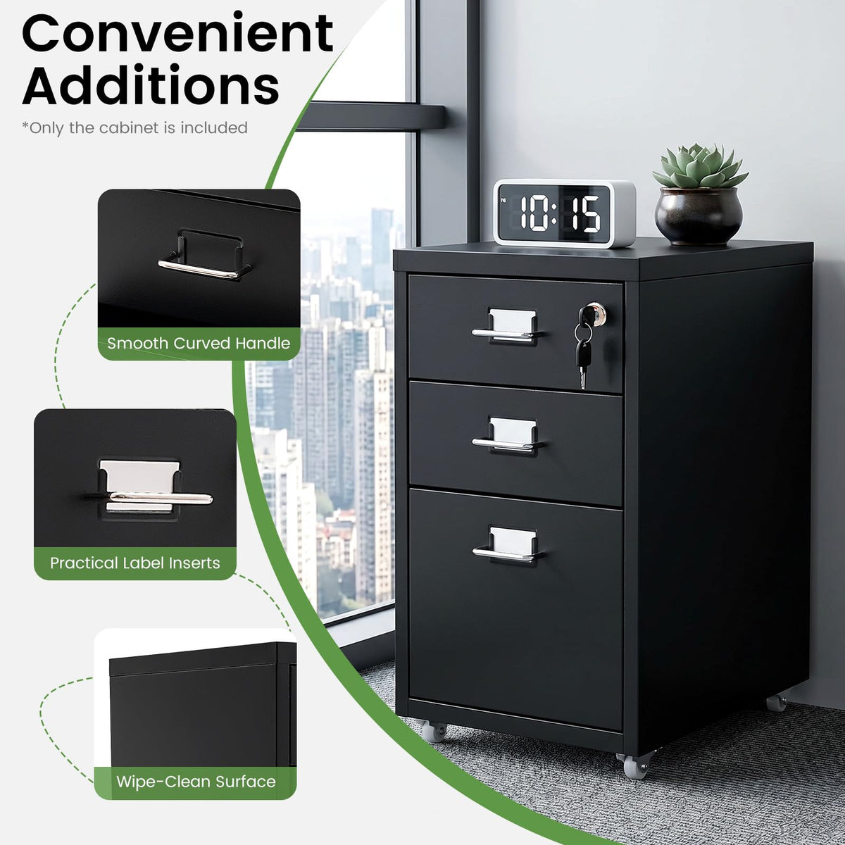 Black 3-Drawer Metal File Cabinet U198