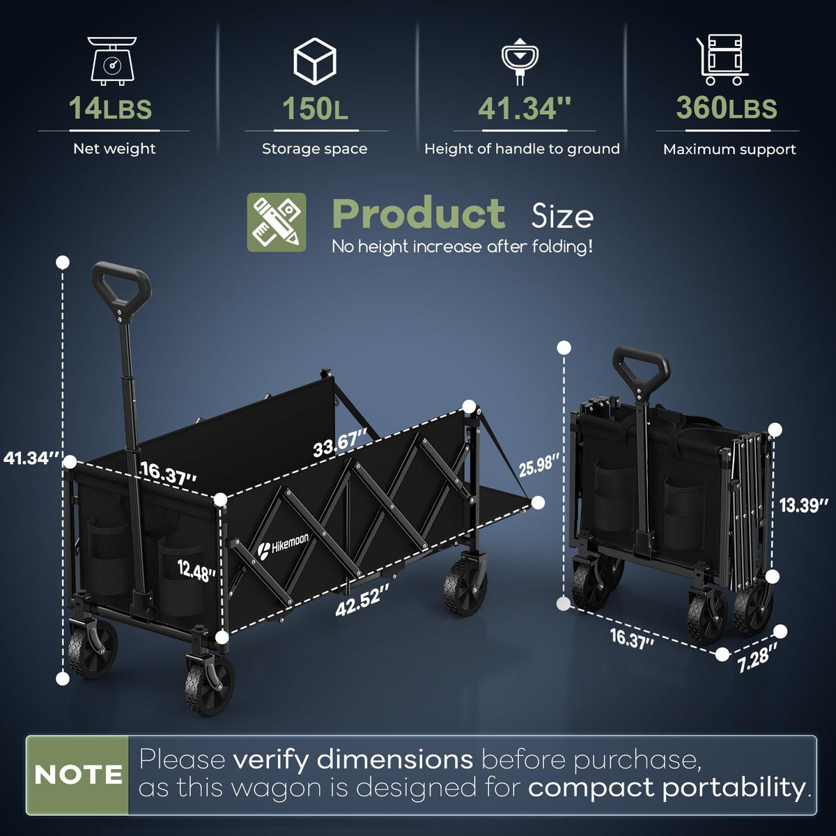 43'' Extra Long Folding Wagon with Extended Tailgate, Black V46072