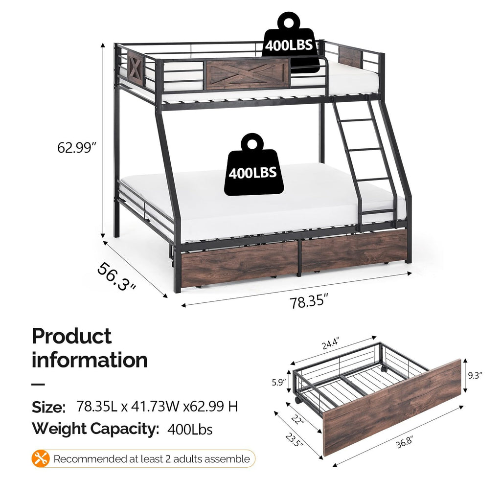 Twin Over Full Metal Bunk Bed with 2 Storage Drawers Z1068