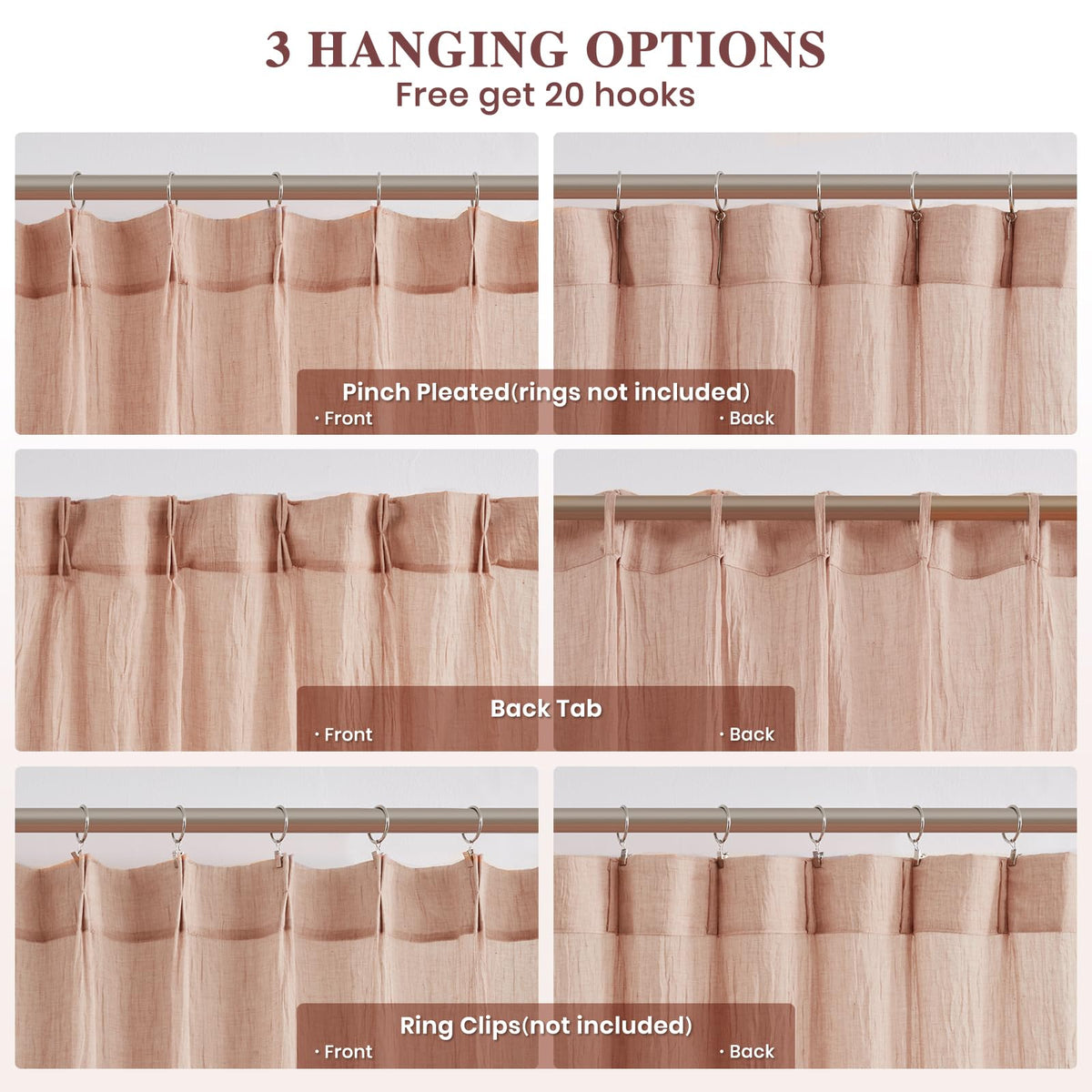 Pink Pinch Pleated Sheer Curtains 96 Inches Long, Set of 2 L9944