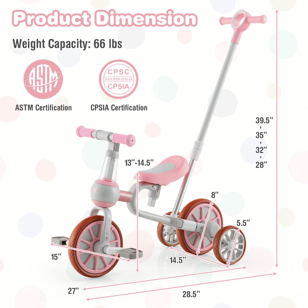 4 in 1 Tricycle with Adjustable Seat & Push Handle, Removable Pedals & Training Wheels, Pink K721