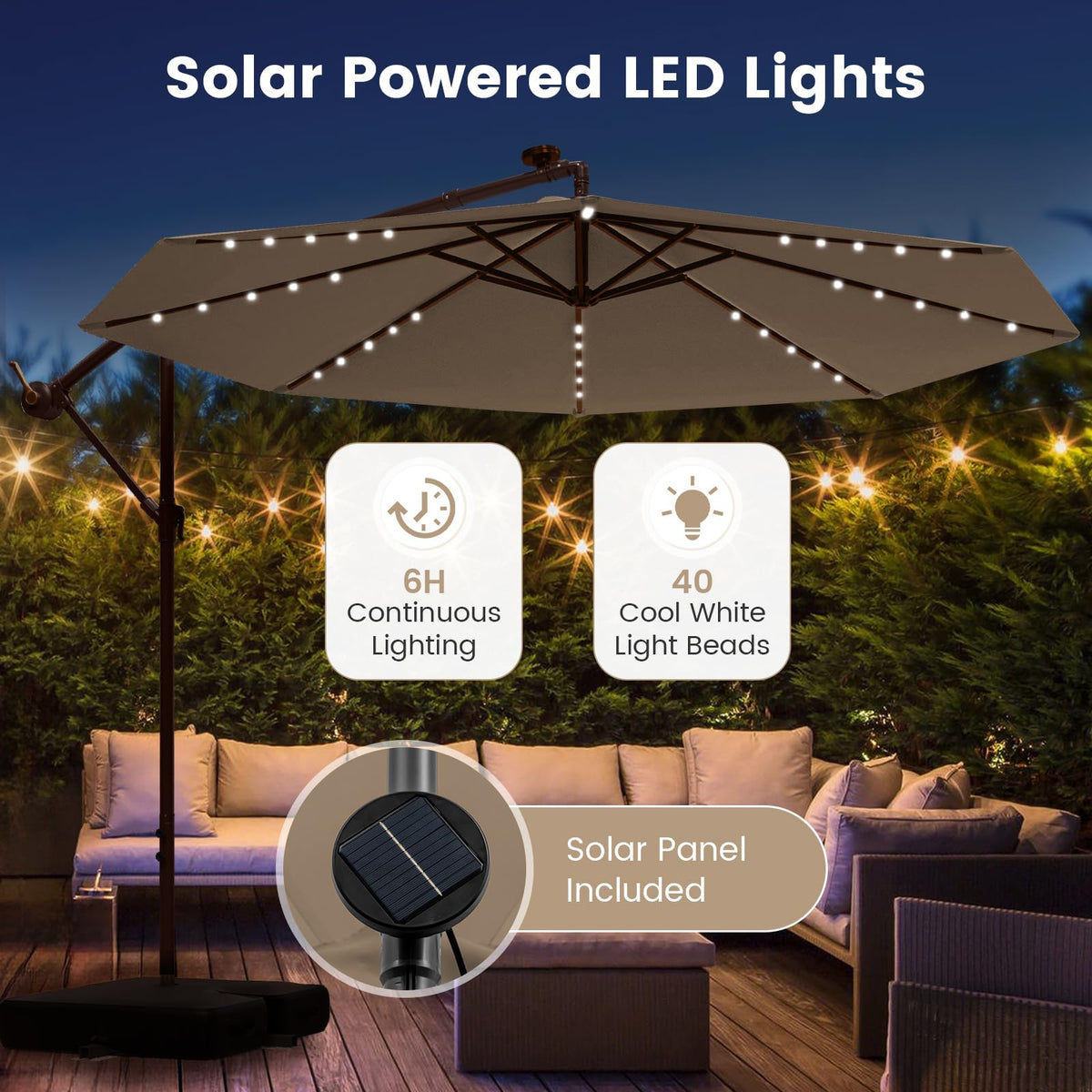 10FT Offset Patio Umbrella with Base and 40 Solar LED Lights M917810