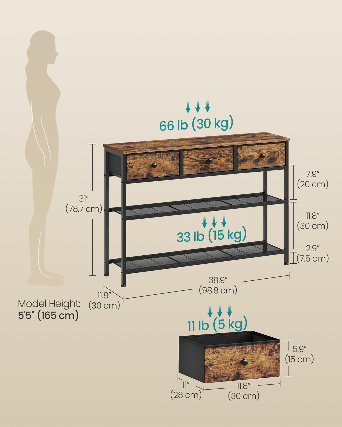 Console Table with 3 Fabric Drawers T229