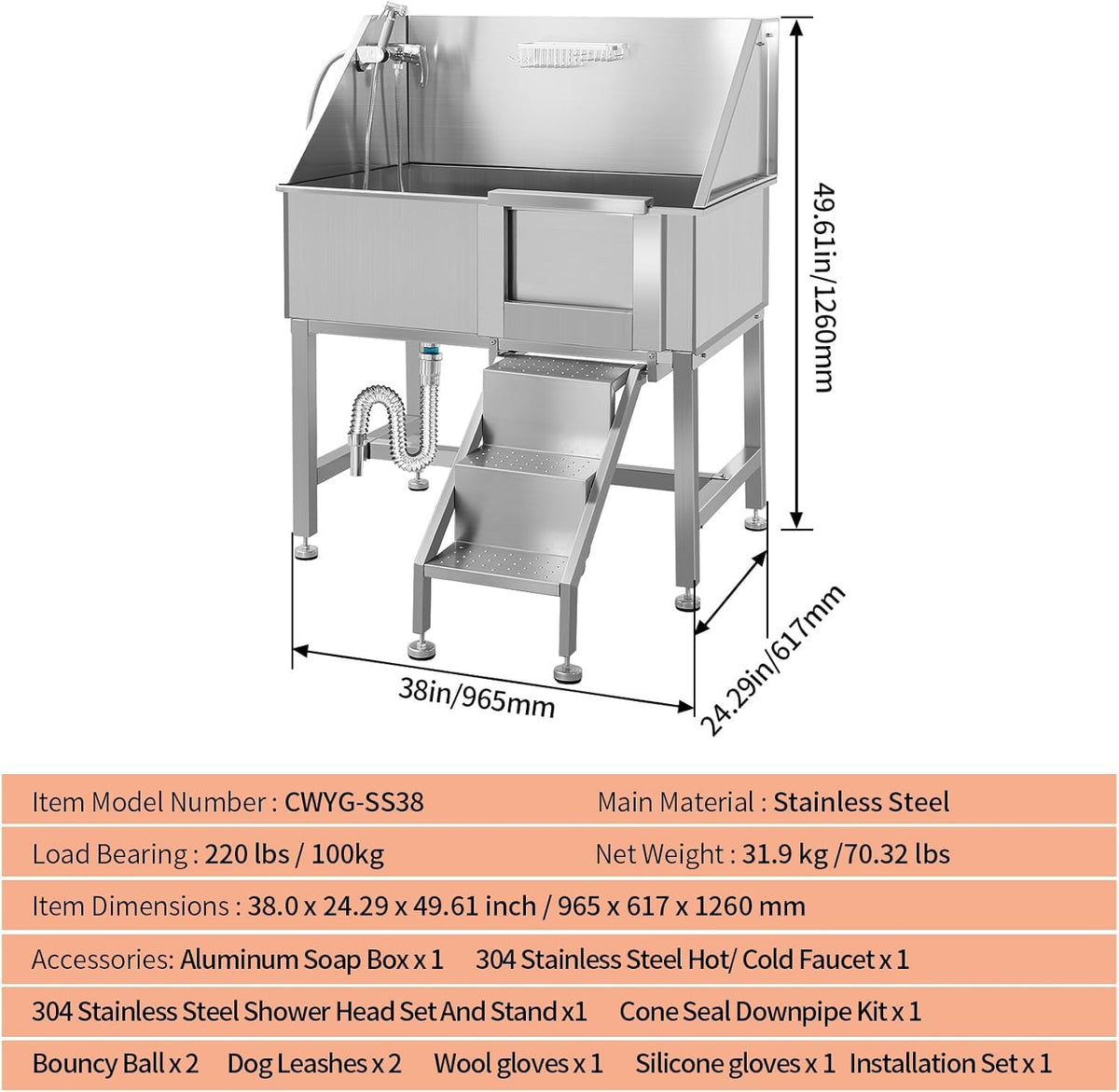 38" Stainless Steel Dog Grooming Tub with Ramp K41032