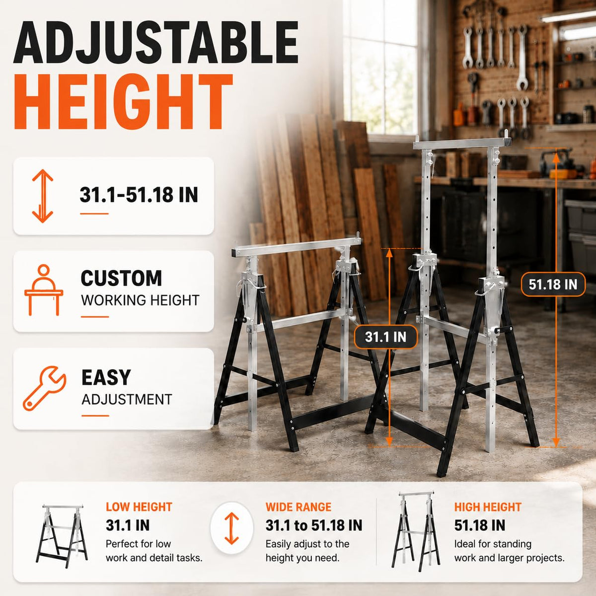 2 Pack Height Adjustable Folding Saw Horses D1924