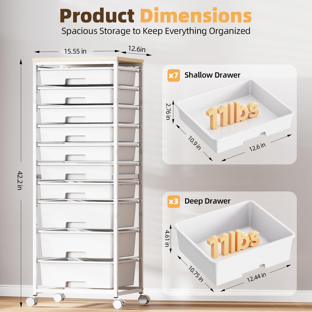 Rolling Storage Cart with 10 Drawers, White V629439