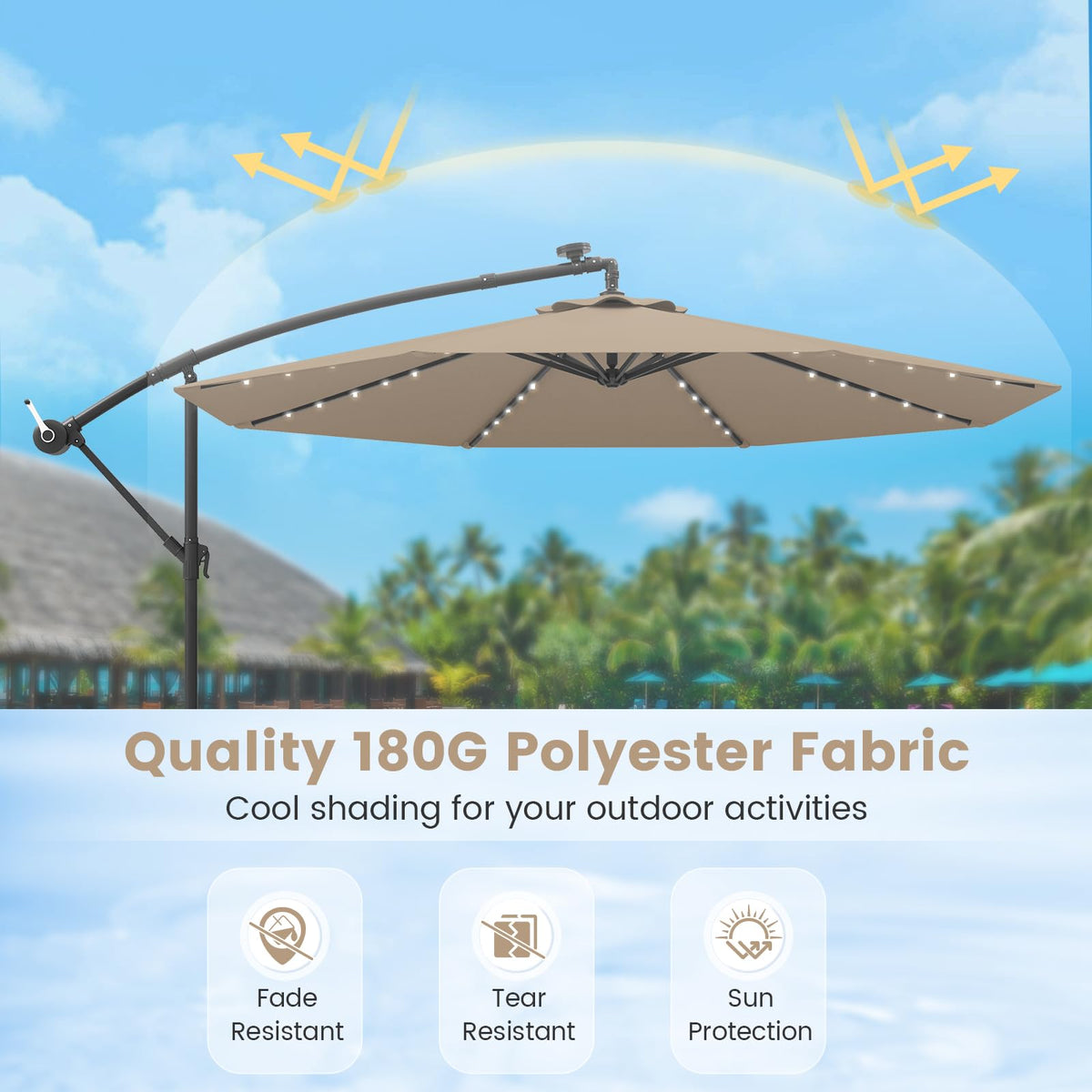10FT Offset Patio Umbrella with Base and 40 Solar LED Lights M917810
