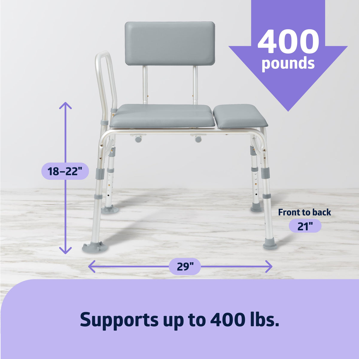 Padded Transfer Bench for Bathtub and Shower, Height Adjustable, 400 lb. Weight Capacity E4585