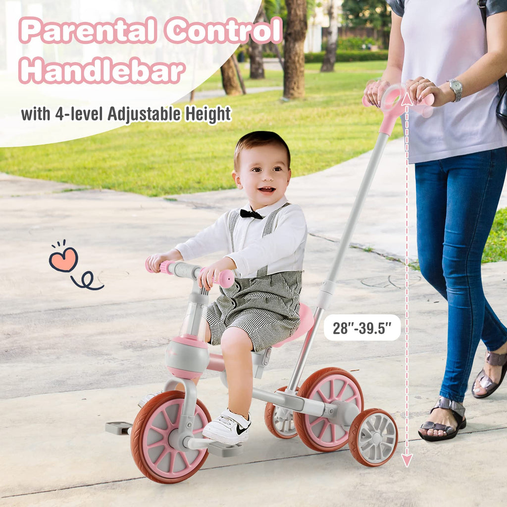 4 in 1 Tricycle with Adjustable Seat & Push Handle, Removable Pedals & Training Wheels, Pink K721