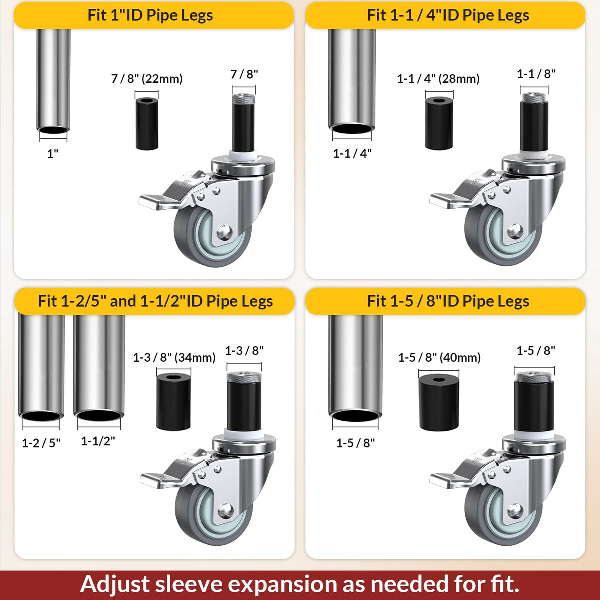3 Inch Expanding Stem Locking Swivel Casters Set of 4 J618