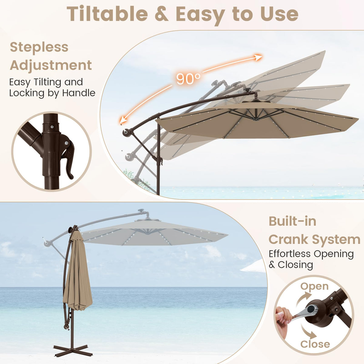 10FT Offset Patio Umbrella with Base and 40 Solar LED Lights M917810