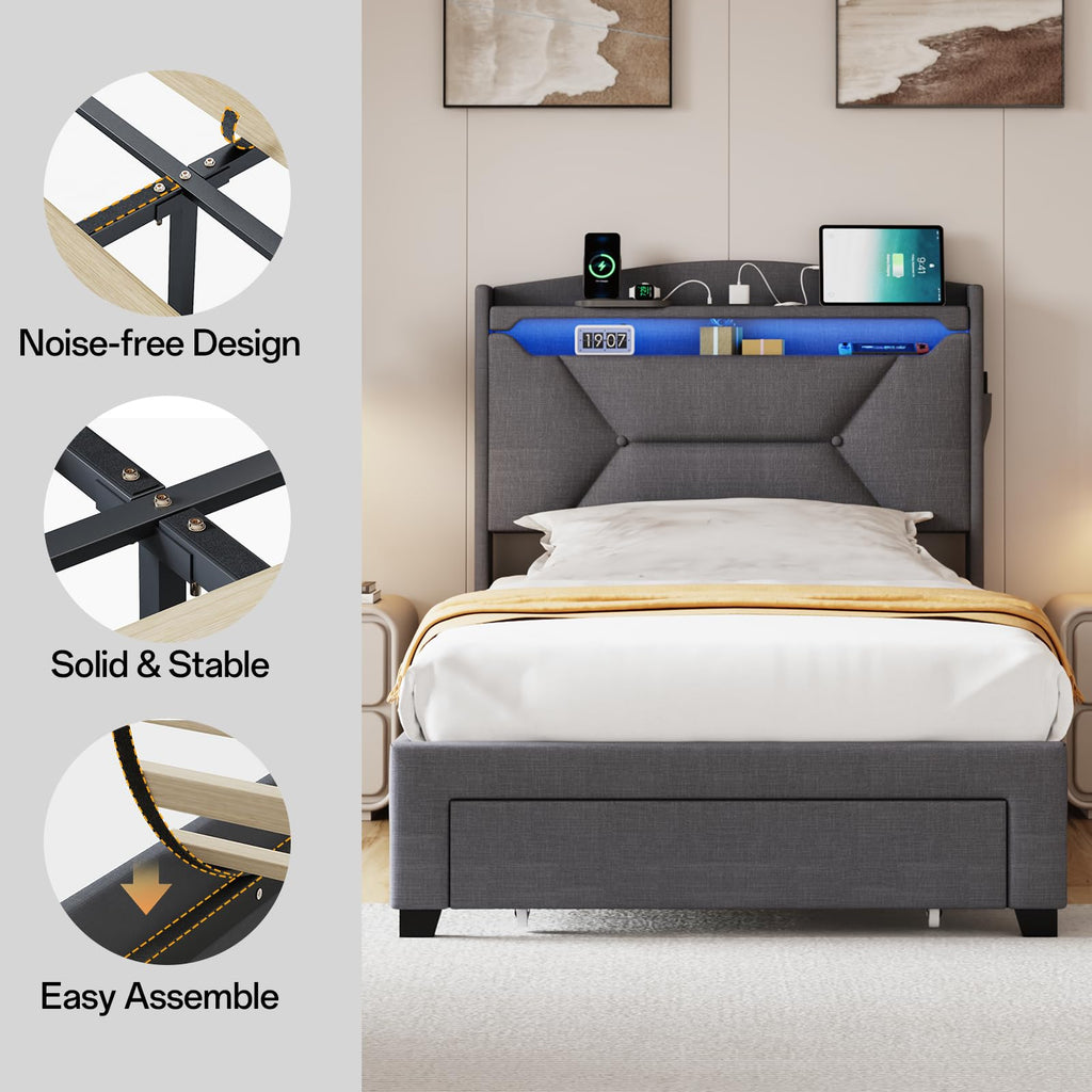 Twin Size Upholstered Bed Frame with Storage Headboard and Drawers D49587