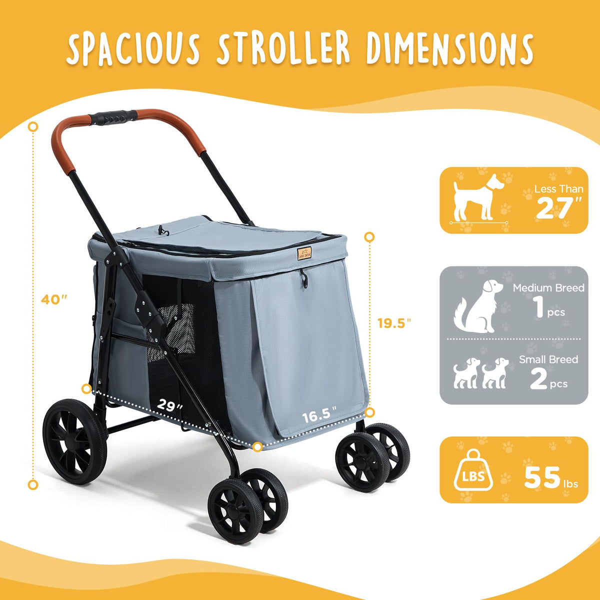 Heavy Duty Foldable Pet Stroller with All-Terrain Wheels, 55 lbs Capacity, Grey M636078