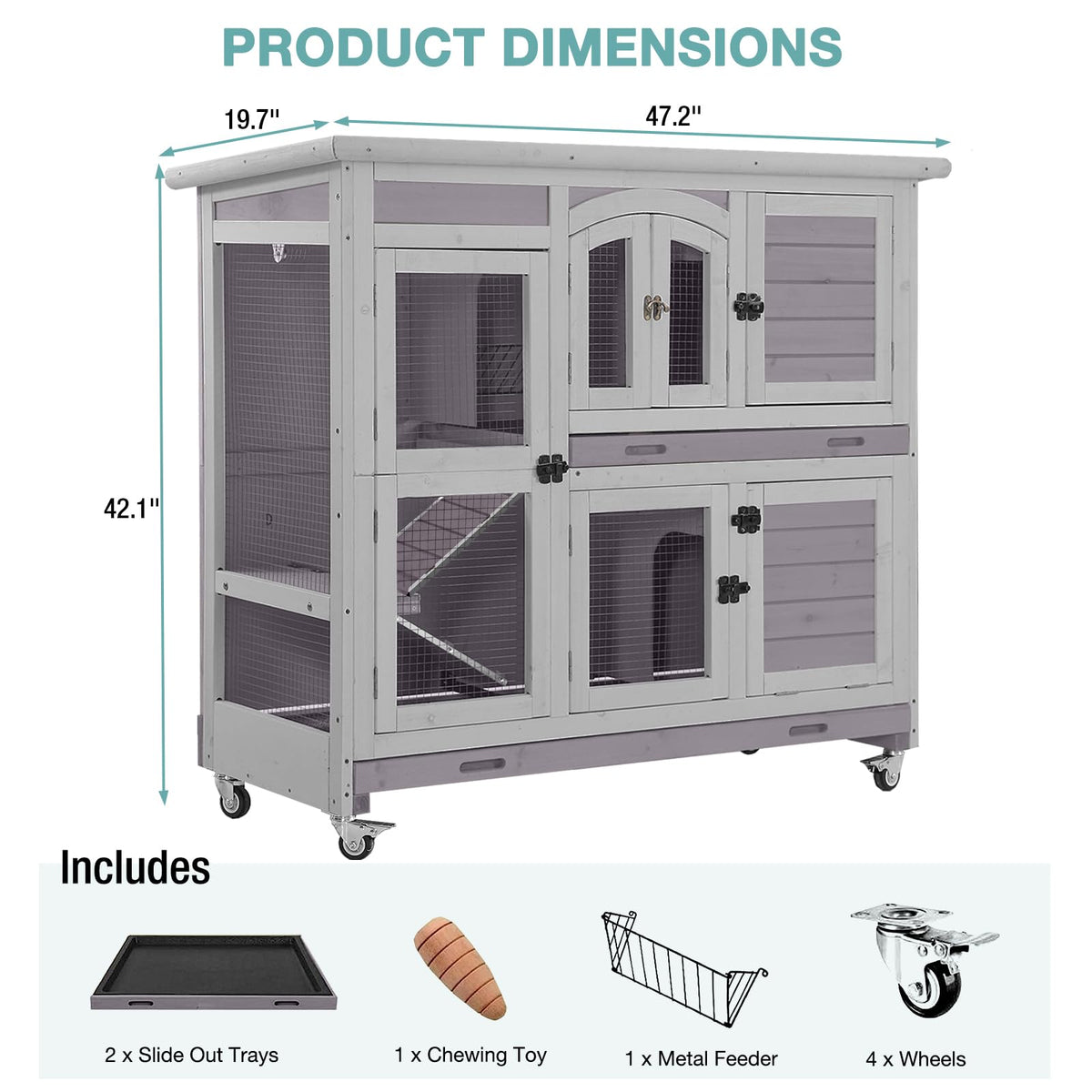 2-Tier Wooden Small Animal Cage with Trays, Wheels & Ramp M352